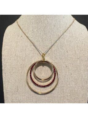 Gold Tone Faux Rubies Circle Pendant Necklace Size 30" Length